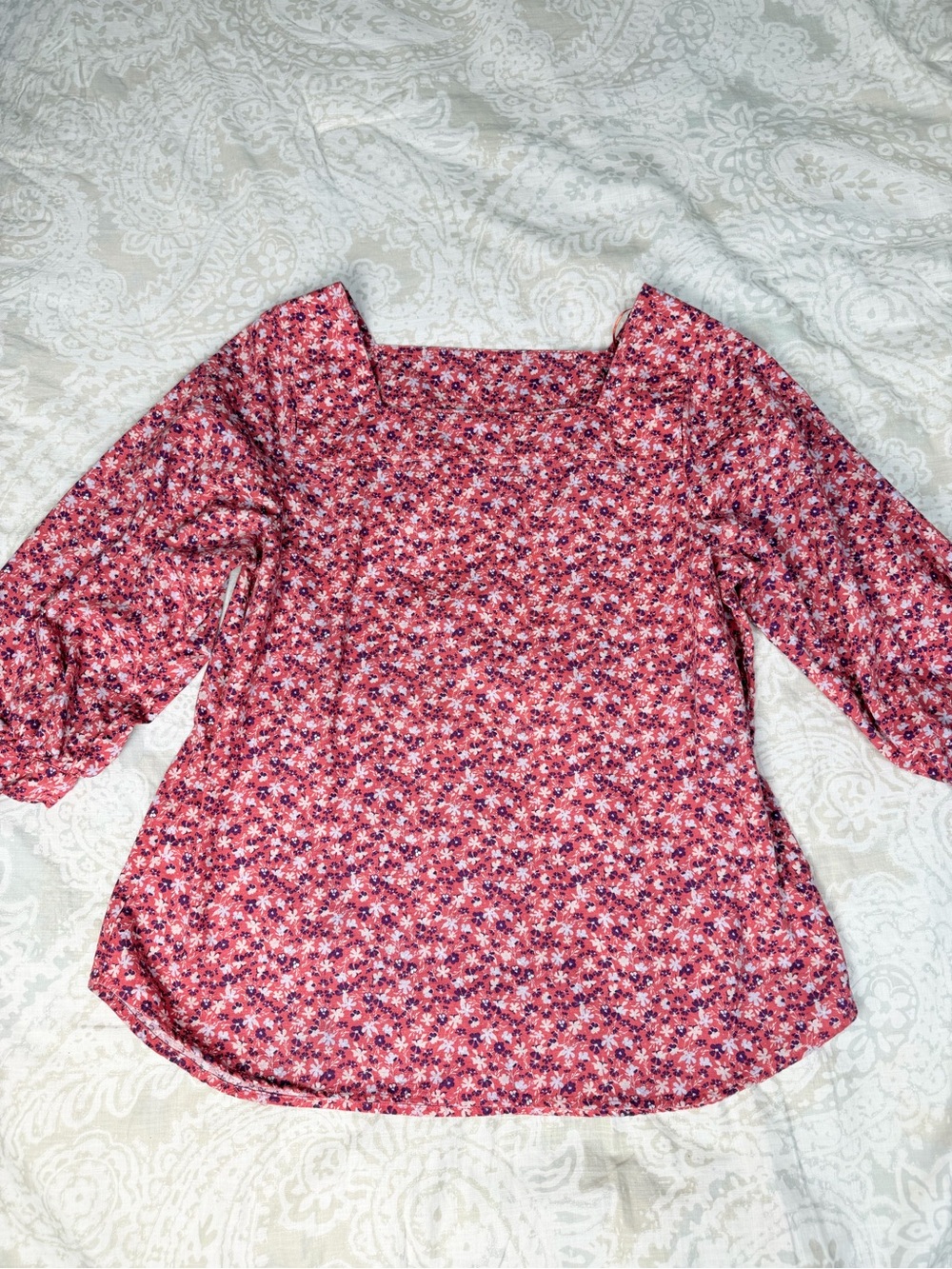 Time and Tru Pink Floral Square-Neck Puff Sleeve Blouse